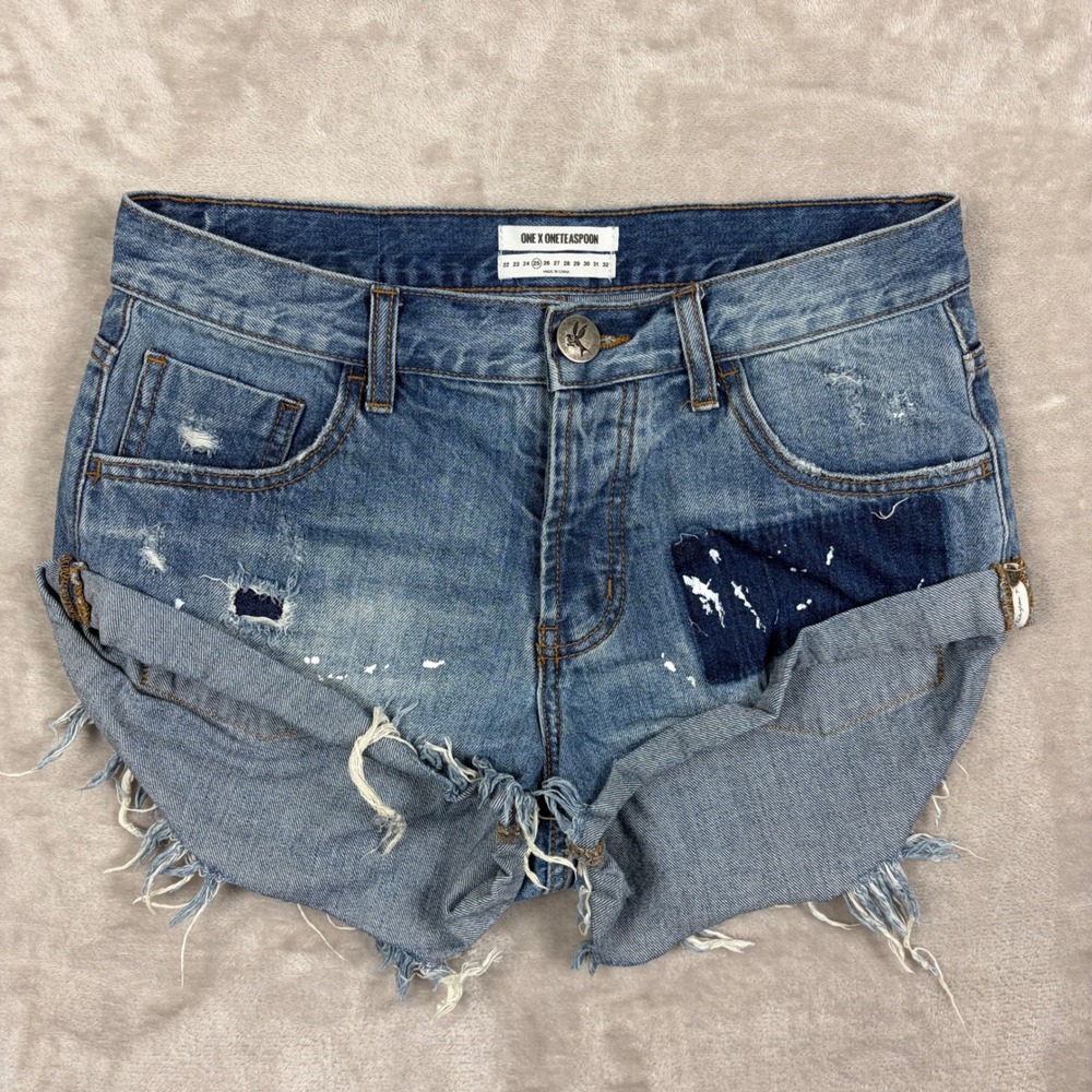 One Teaspoon Bandits Denim Shorts Blue Distressed Paint Sz 25 Low Rise Roll Hem